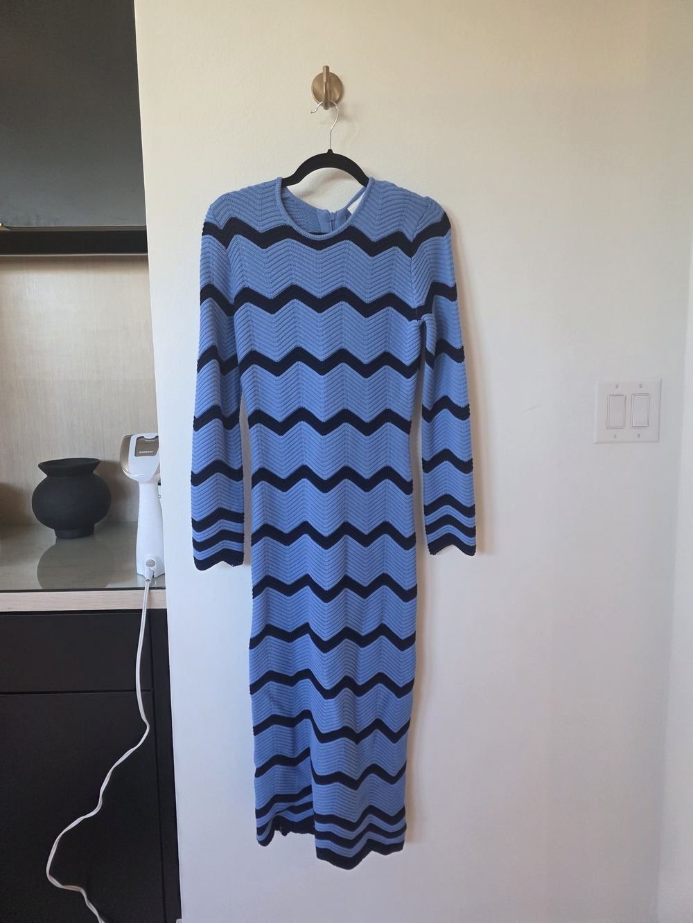 Long Sleeve Chevron Midi Dress in Light Blue and Black